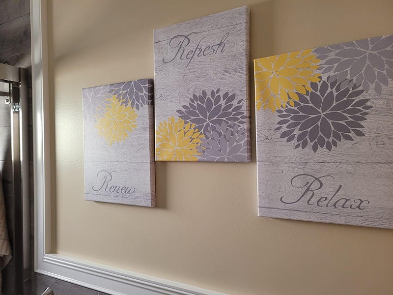Zlove Yellow and Grey Bathroom Decor, Dahlia Flower Pictures Wall Art - Relax Refresh Renew Bathroom Pictures Wall Decor, 12"X16", 3Pcs - Image 4